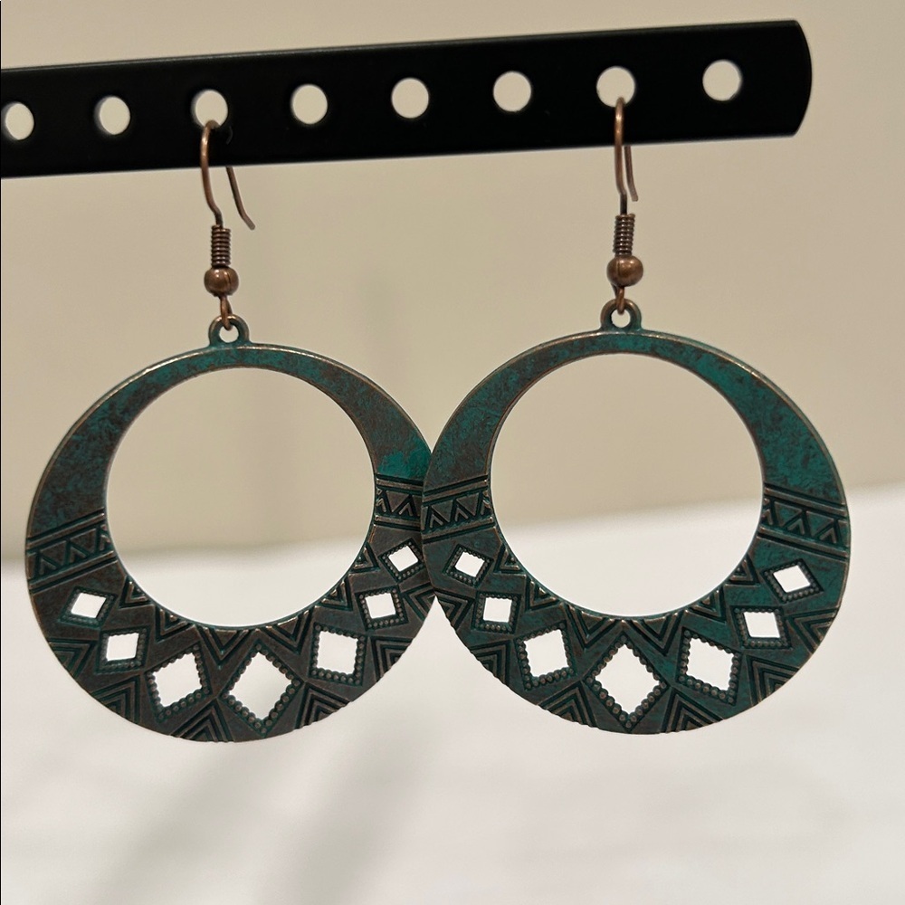 Elegant Geometric Bronze and Green Earrings